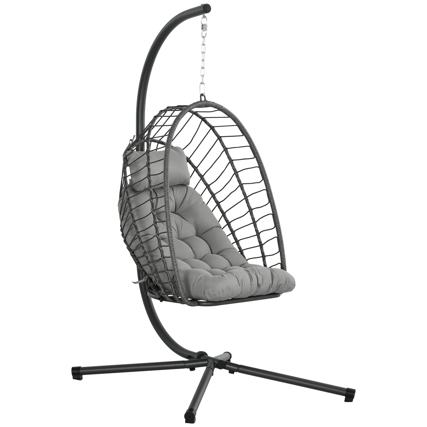 Outsunny Outdoor PE Rattan Swing Chair z poduszką, składany kosz ogrodowy Patio Hanging Egg Chair z metalowym stojakiem, zagłówek, do wewnątrz i na zewnątrz, jasnoszary