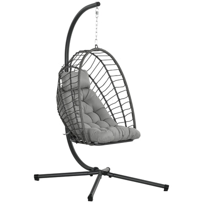 Outsunny Outdoor PE Rattan Swing Chair z poduszką, składany kosz ogrodowy Patio Hanging Egg Chair z metalowym stojakiem, zagłówek, do wewnątrz i na zewnątrz, jasnoszary