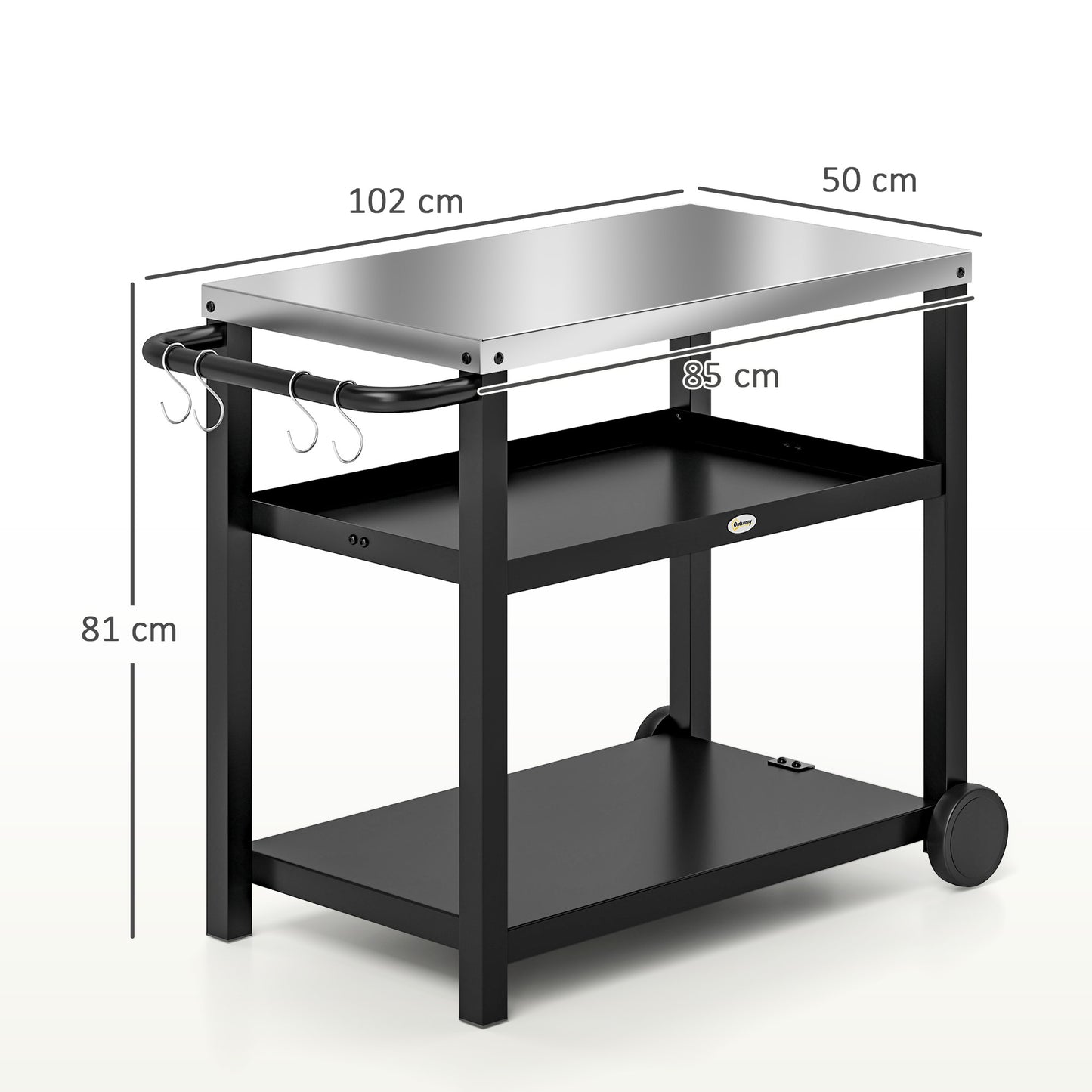 Outsunny Outdoor Grill Dining Cart 3-półkowy ruchomy stół do pieczenia pizzy ze stalowym blatem, przenośny wózek do grilla, stacja do przygotowywania żywności na zewnątrz, kuchnia, stacja do grillowania z haczykami, kółka, uchwyt, antracytowy