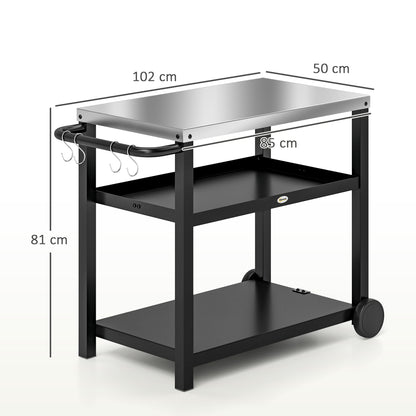 Outsunny Outdoor Grill Dining Cart 3-półkowy ruchomy stół do pieczenia pizzy ze stalowym blatem, przenośny wózek do grilla, stacja do przygotowywania żywności na zewnątrz, kuchnia, stacja do grillowania z haczykami, kółka, uchwyt, antracytowy
