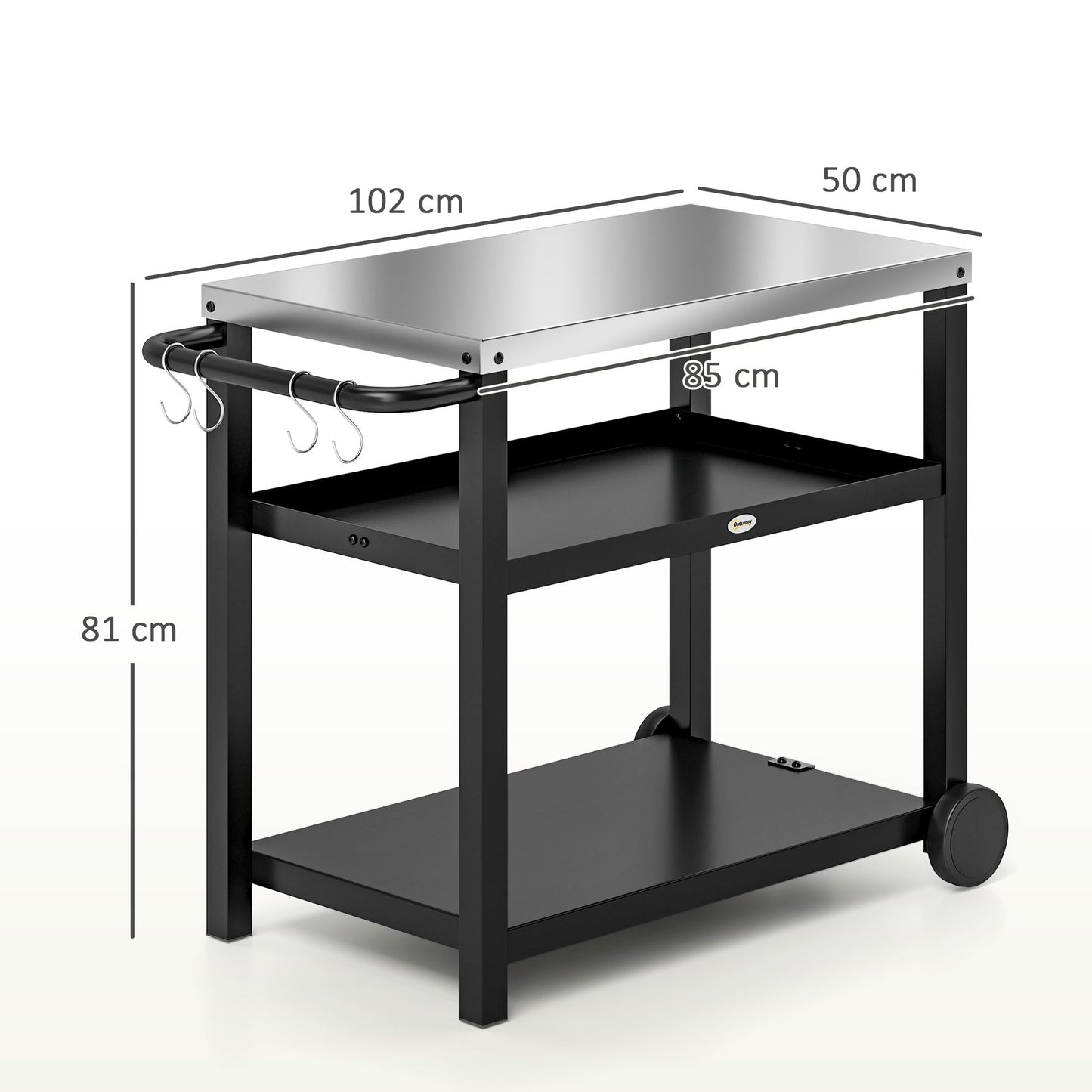 Outsunny Outdoor Grill Dining Cart 3-Shelf Movable Pizza Oven Table Stand with Stainless Steel Top, Portable BBQ Trolley Food Prep Outdoor Kitchen Barbecue Station with Hooks Wheels, Charcoal Grey