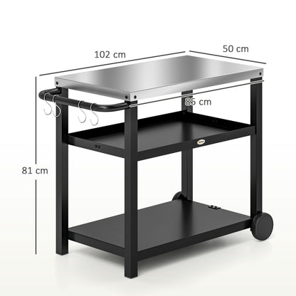 Outsunny Outdoor Grill Dining Cart 3-Shelf Movable Pizza Oven Table Stand with Stainless Steel Top, Portable BBQ Trolley Food Prep Outdoor Kitchen Barbecue Station with Hooks Wheels, Charcoal Grey