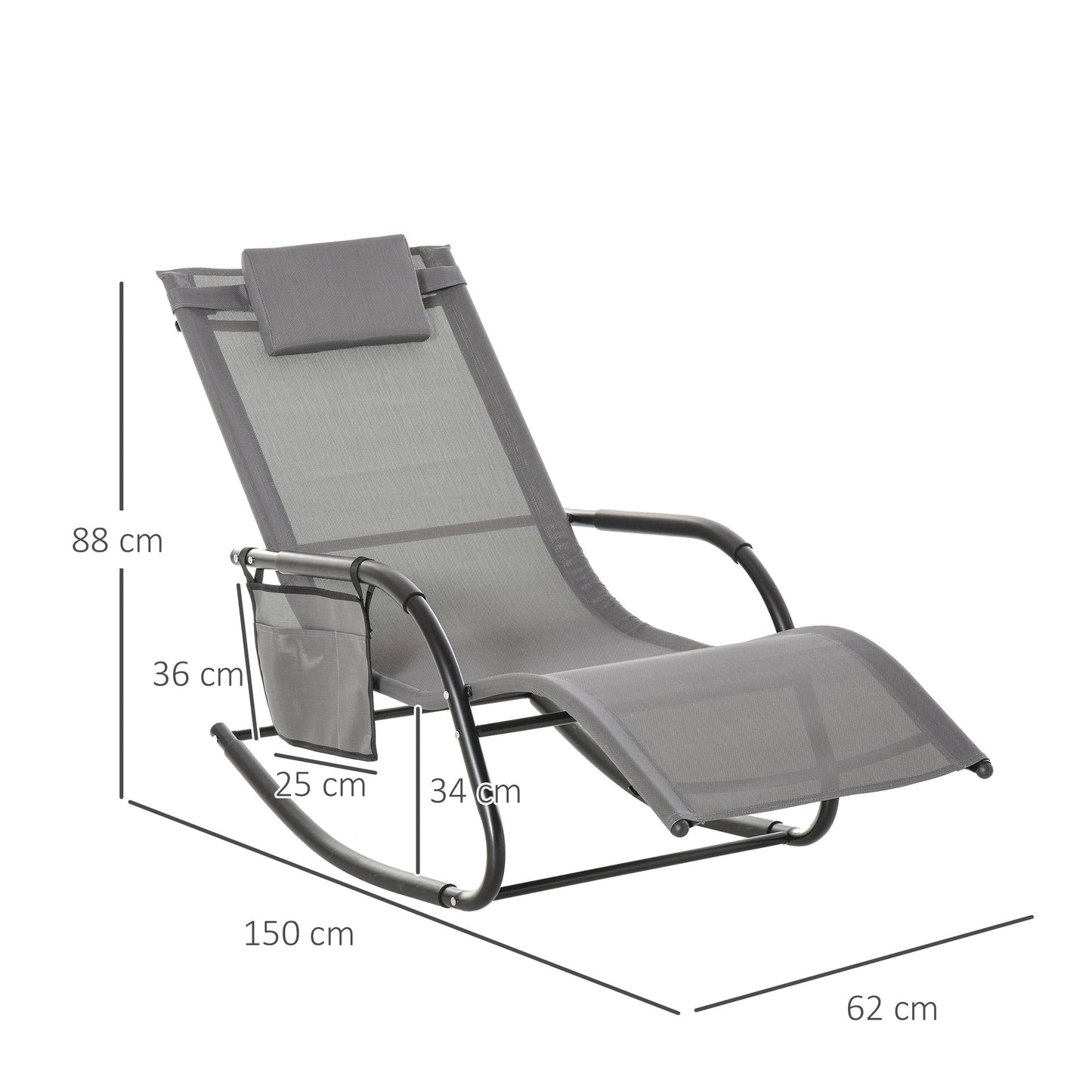 2 Piece Outdoor Garden Rocking Chair Patio Sun Lounger Rocker, Breathable Mesh, Removable Headrest Pillow, Armrest, Side Storage - Grey