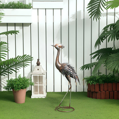 Outsunny Heron Garden Statue, Standing Garden Ornament, Metal Garden Gift with Stakes for Patio Pond Landscape Decoration, Silver Tone