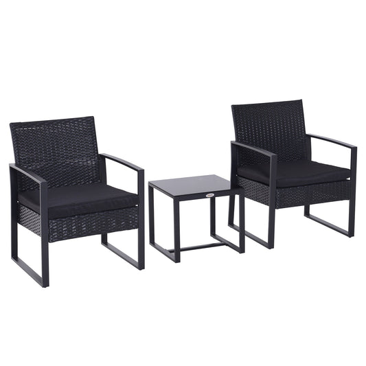 Outsunny Rattan Garden Furniture 2 Seater PE Rattan Wicker Patio Bistro Set Weave Conservatory Sofa Coffee Table and Chairs Set Black