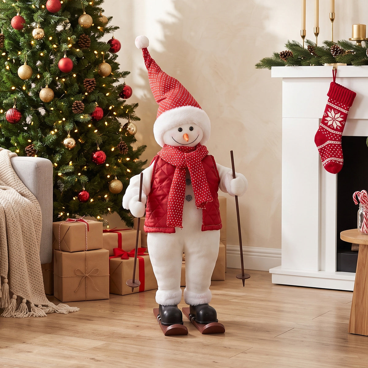 HOMCOM 2ft Singing Skiing Santa Claus, Standing Christmas Animated Santa Figure with Ski Board, Poles, Sound/Touch Activated