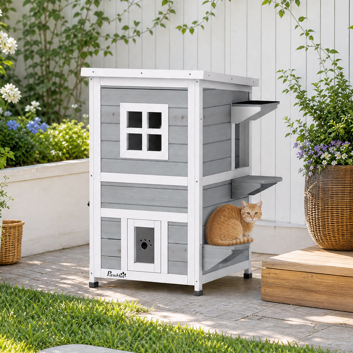 PawHut Wooden Cat House 2-Floor Outdoor Kitten Shelter with 3 Doors and Window Grey