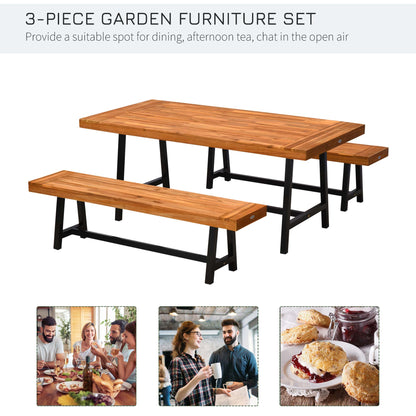 Outsunny Garden 3-częściowy stół piknikowy z drewna akacjowego i 2 ławki zestaw jadalny stolik piwny patio meble ogrodowe i do wnętrz