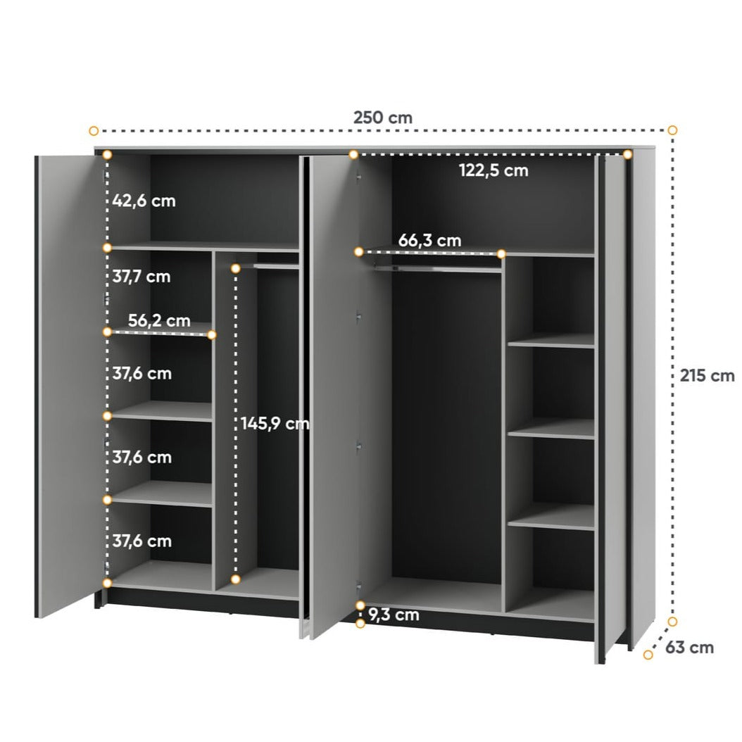 Gema Four Hinged Doors Mirrored Wardrobe 250cm