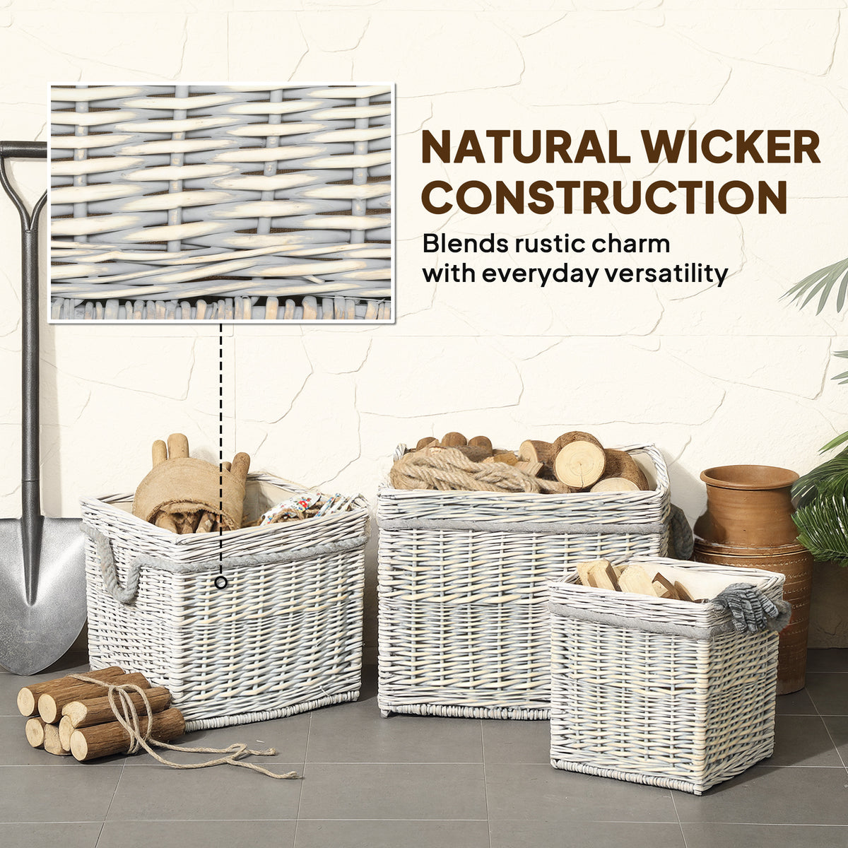 Outsunny Set of 3 Log Baskets for Wood Burner Indoor, Storage Basket with Lining and Rope Handles, Wicker Basket for Fireside Storage, Blankets, Beige