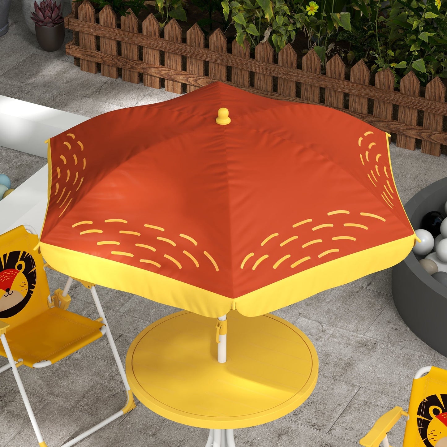 Outsunny Kids Picnic Table and Chair Set Lion Themed Outdoor Garden Furniture w/ Foldable Chairs, Adjustable Parasol - Yellow