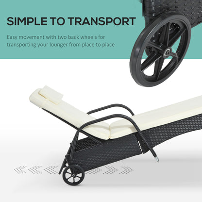 Outsunny Garden Rattan Furniture Pojedynczy leżak ogrodowy z funkcją rozkładania Fotel ogrodowy z plecionki z wikliny Regulowany zagłówek z ognioodporną poduszką - czarny