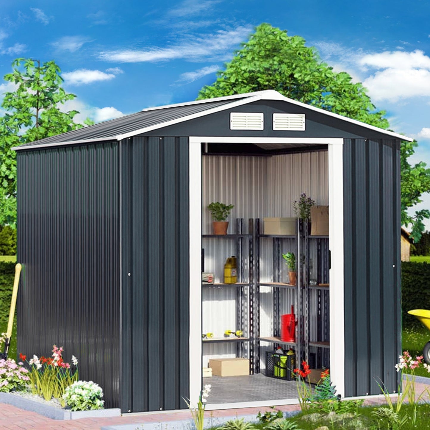 Galvanized Metal Garden Shed with Foundation-7 x 4FT