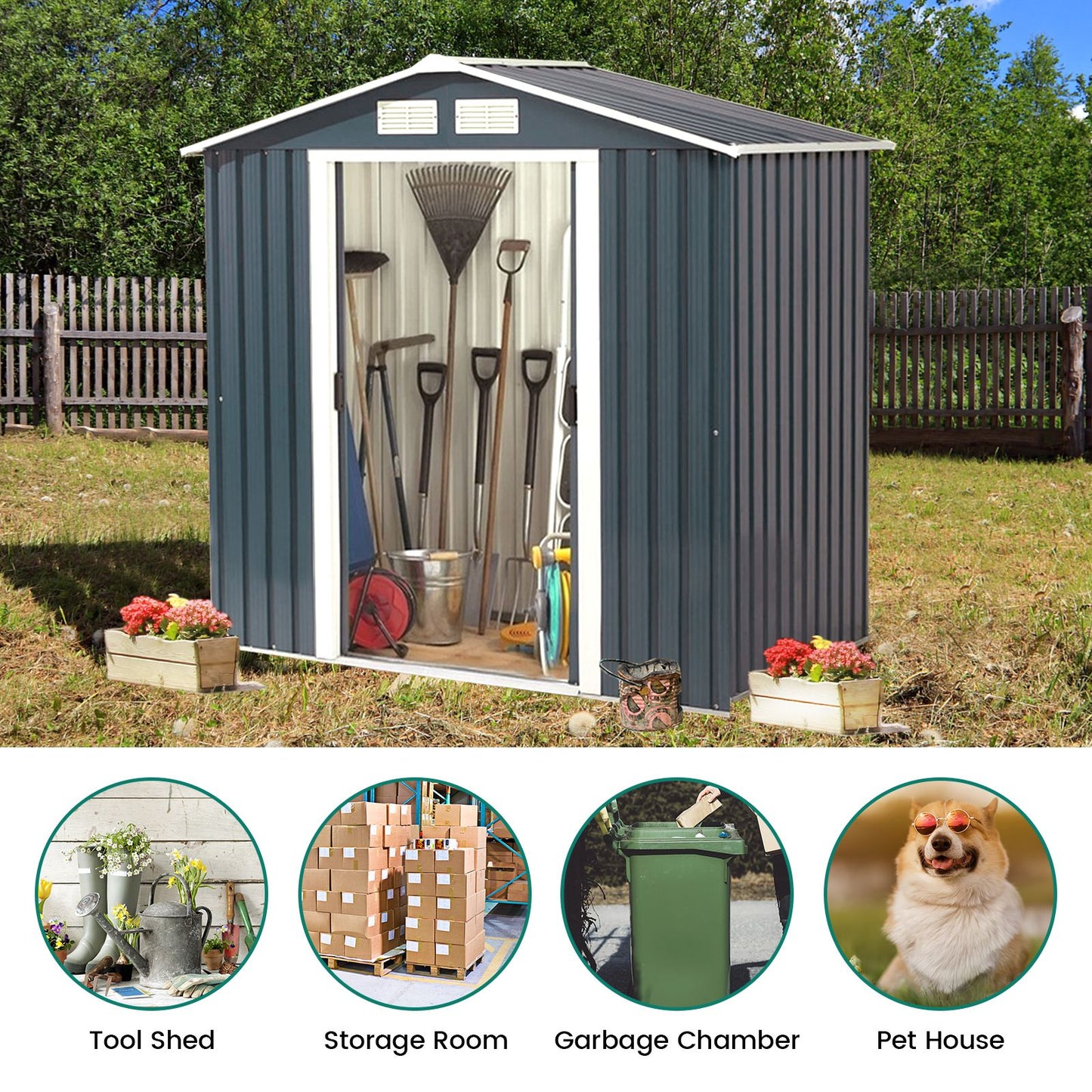 Galvanized Metal Garden Shed with Foundation-7 x 4FT