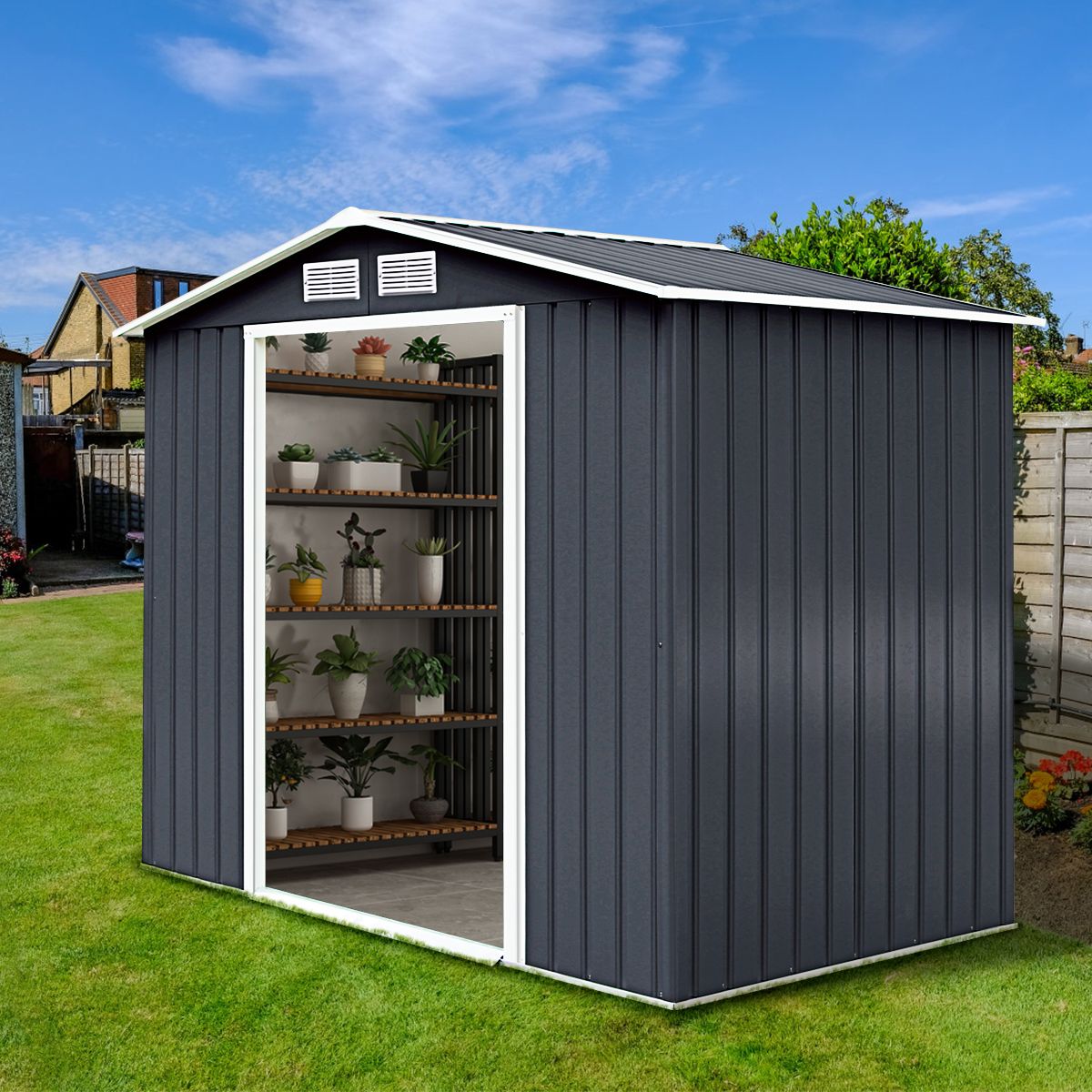 Galvanized Metal Garden Shed with Foundation-9 x 6FT