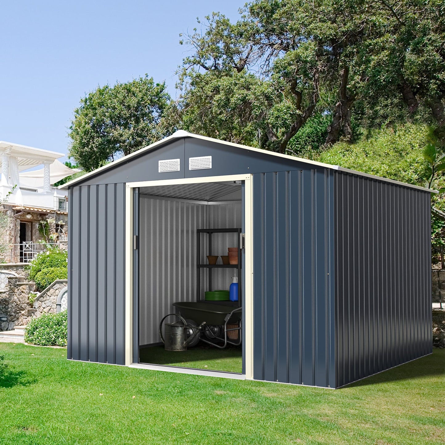 Outdoor Storage Shed 9.1x6.3 FT with Extension Kit & Sliding Door for Garden Backyard-Grey