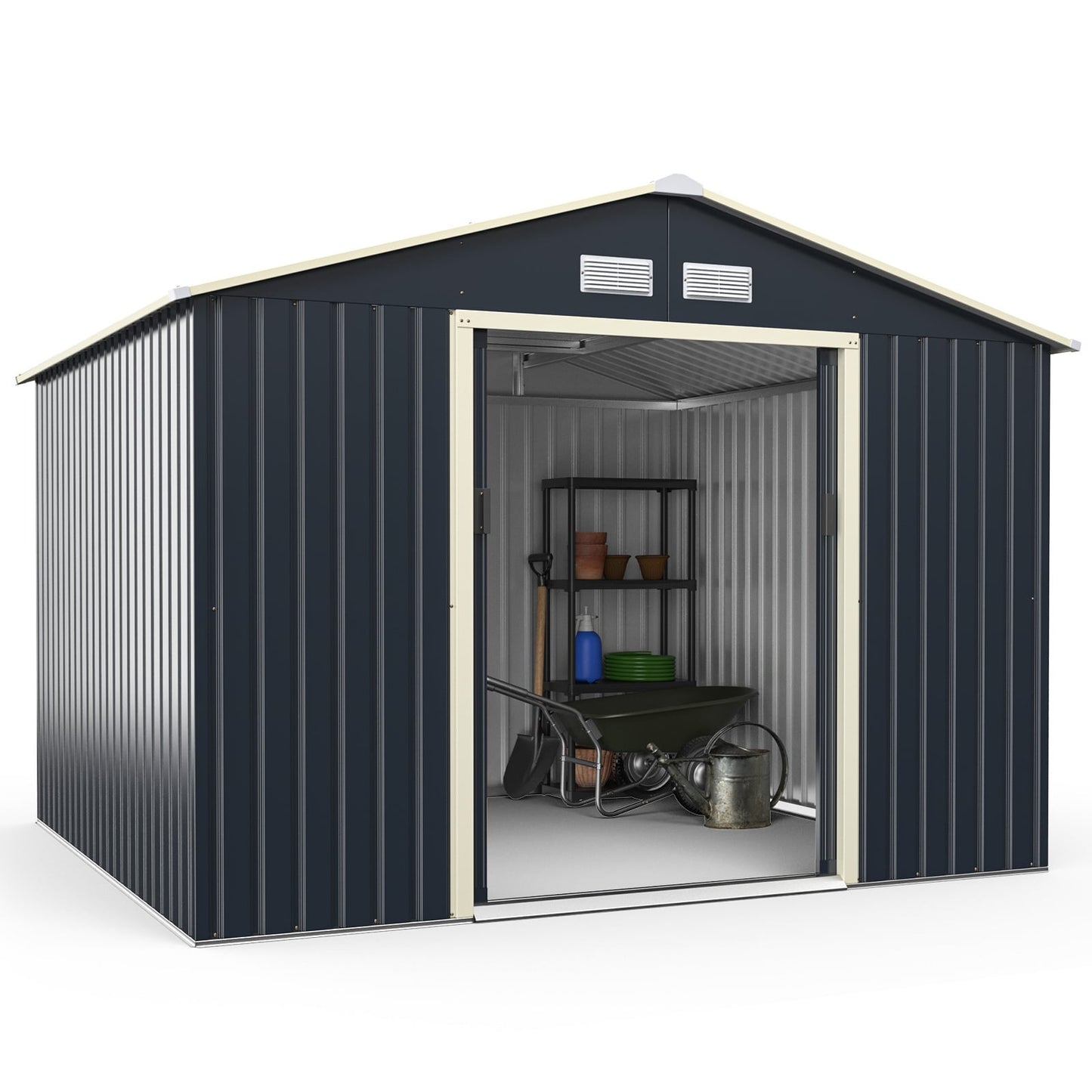 Outdoor Storage Shed 9.1x6.3 FT with Extension Kit & Sliding Door for Garden Backyard-Grey