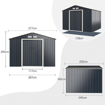 Outdoor Storage Shed 9.1x6.3 FT with Extension Kit & Sliding Door for Garden Backyard-Grey