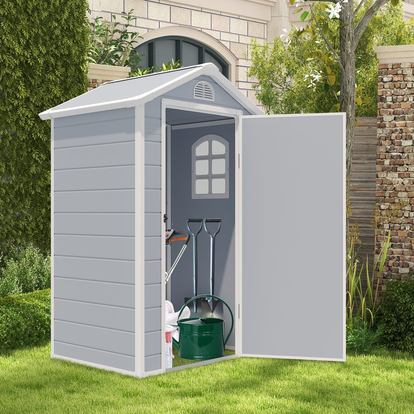 Outdoor Storage Shed with Lockable Door Window and Air Vents-Grey