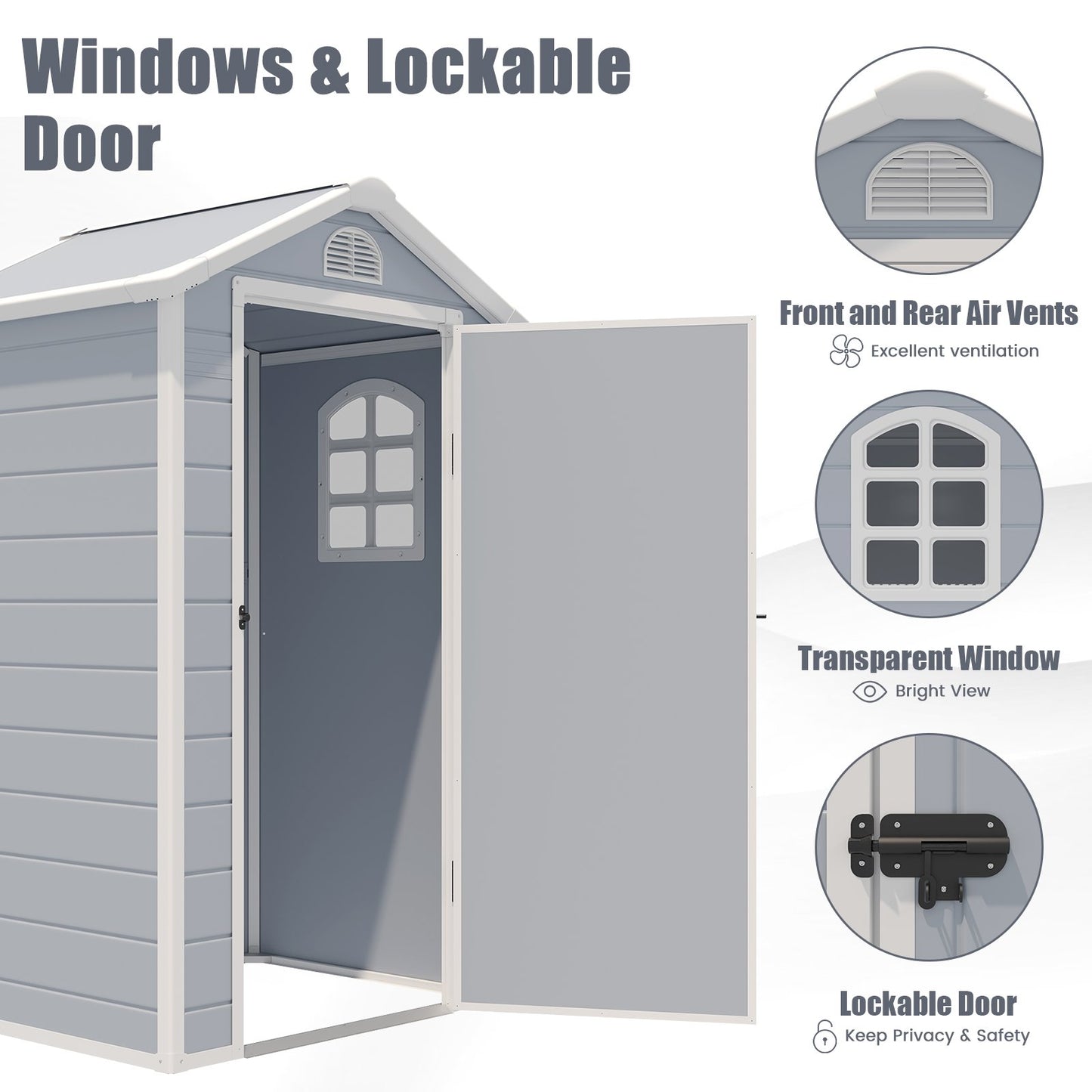 Outdoor Storage Shed with Lockable Door Window and Air Vents-Grey