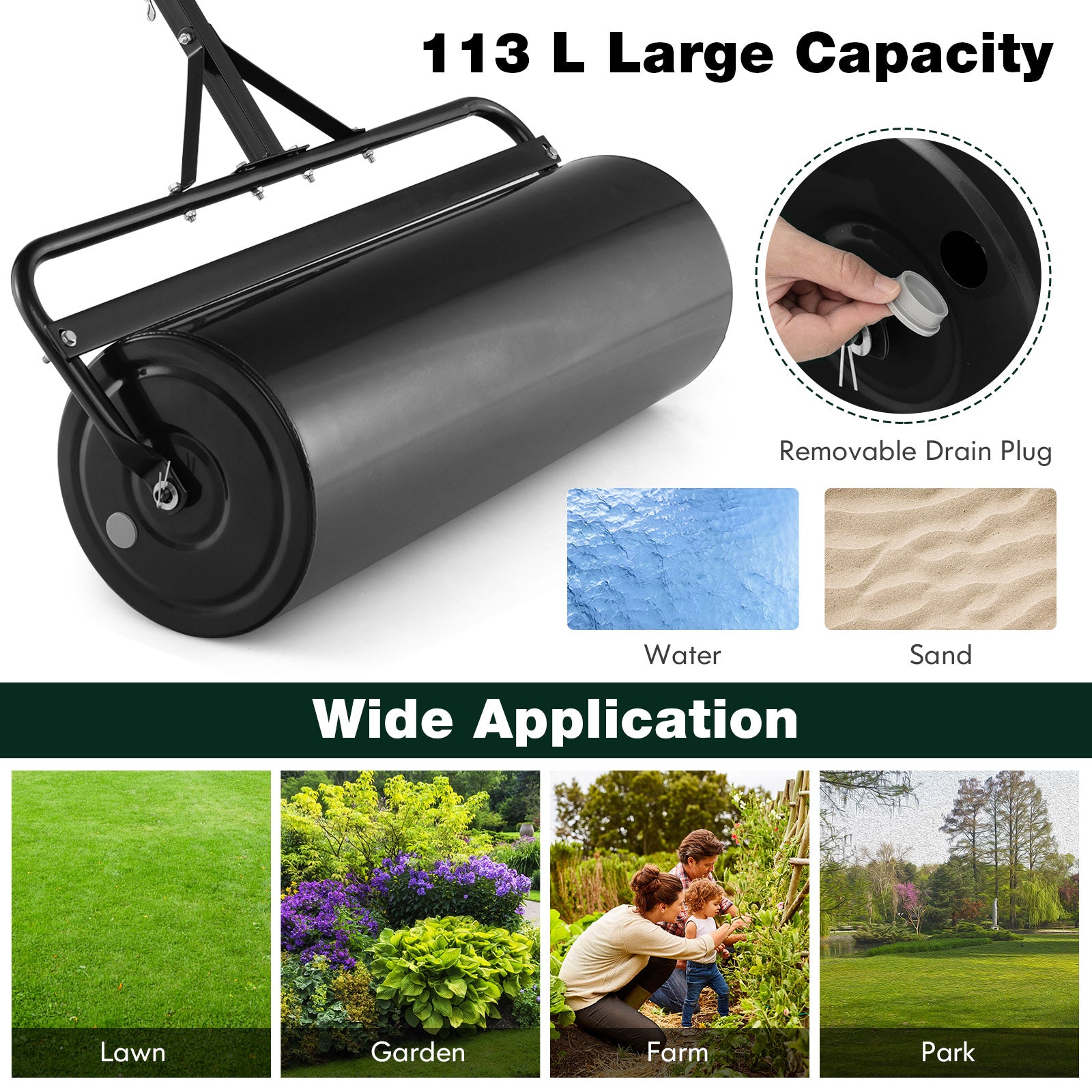 113L Metal Garden Lawn Roller-Black