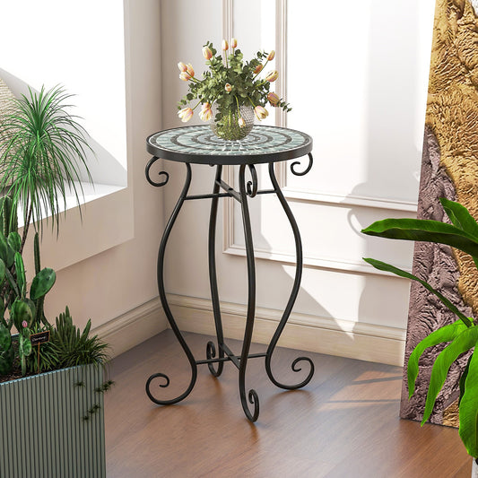 Small Plant Stand with Weather Resistant Ceramic Tile Tabletop-Black & Blue
