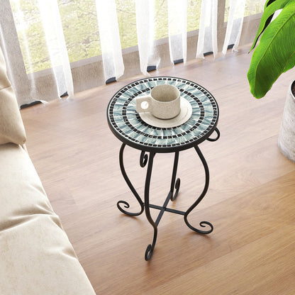Small Plant Stand with Weather Resistant Ceramic Tile Tabletop-Black & Blue