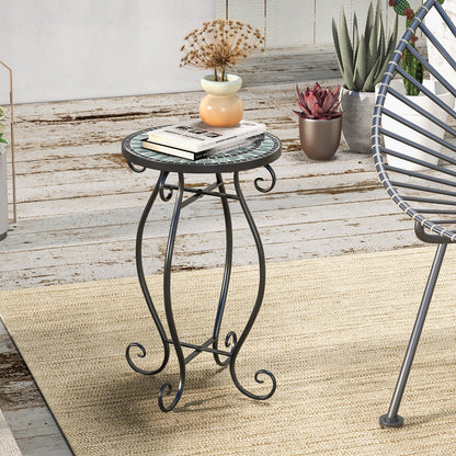 Small Plant Stand with Weather Resistant Ceramic Tile Tabletop-Black & Blue