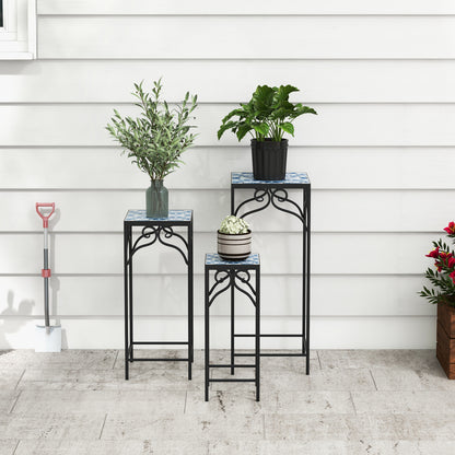 Metal Plant Stand Set of 3 with Mosaic Tile-Blue