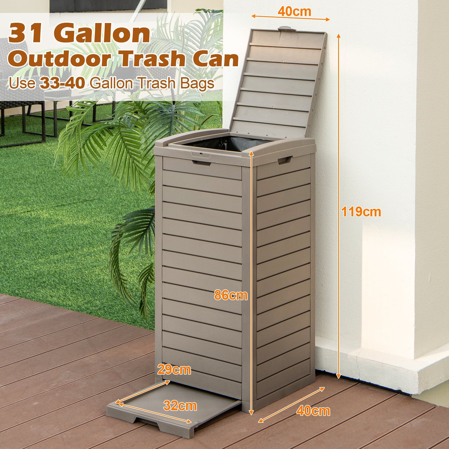 117.5 L Gallon Large Trash Bin with Lid and Pull-out Liquid Tray for Backyard-Coffee