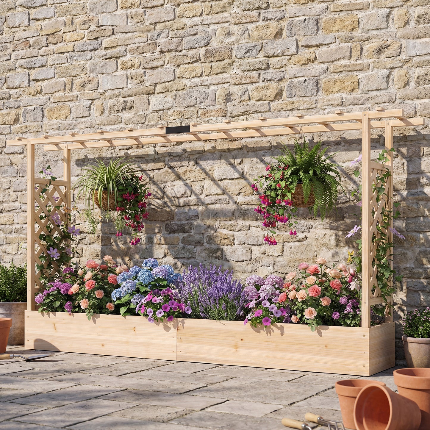 114 cm Tall Wooden Raised Garden Bed with Side Trellis-Natural