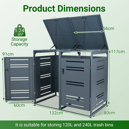 Outdoor Metal Garbage Bin Storage Shed for 2 Trash Cans-Grey
