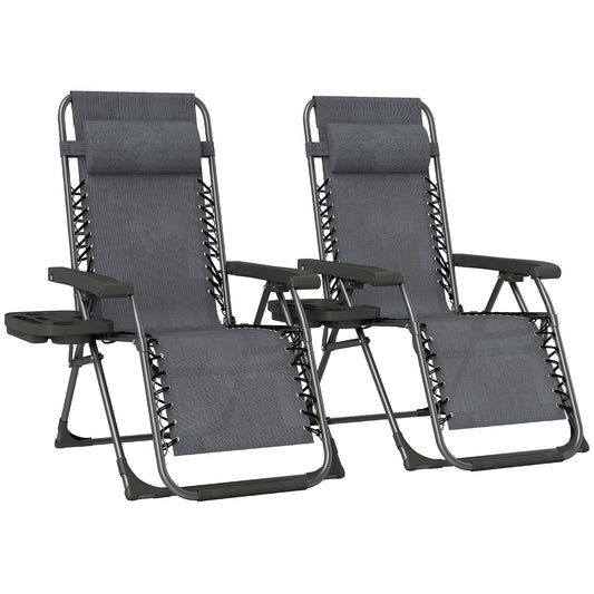 Outsunny Zero Gravity Chairs Set of 2, Folding Sunloungers Reclining Garden Chairs with Cup Holder, Headrest, Dark Grey