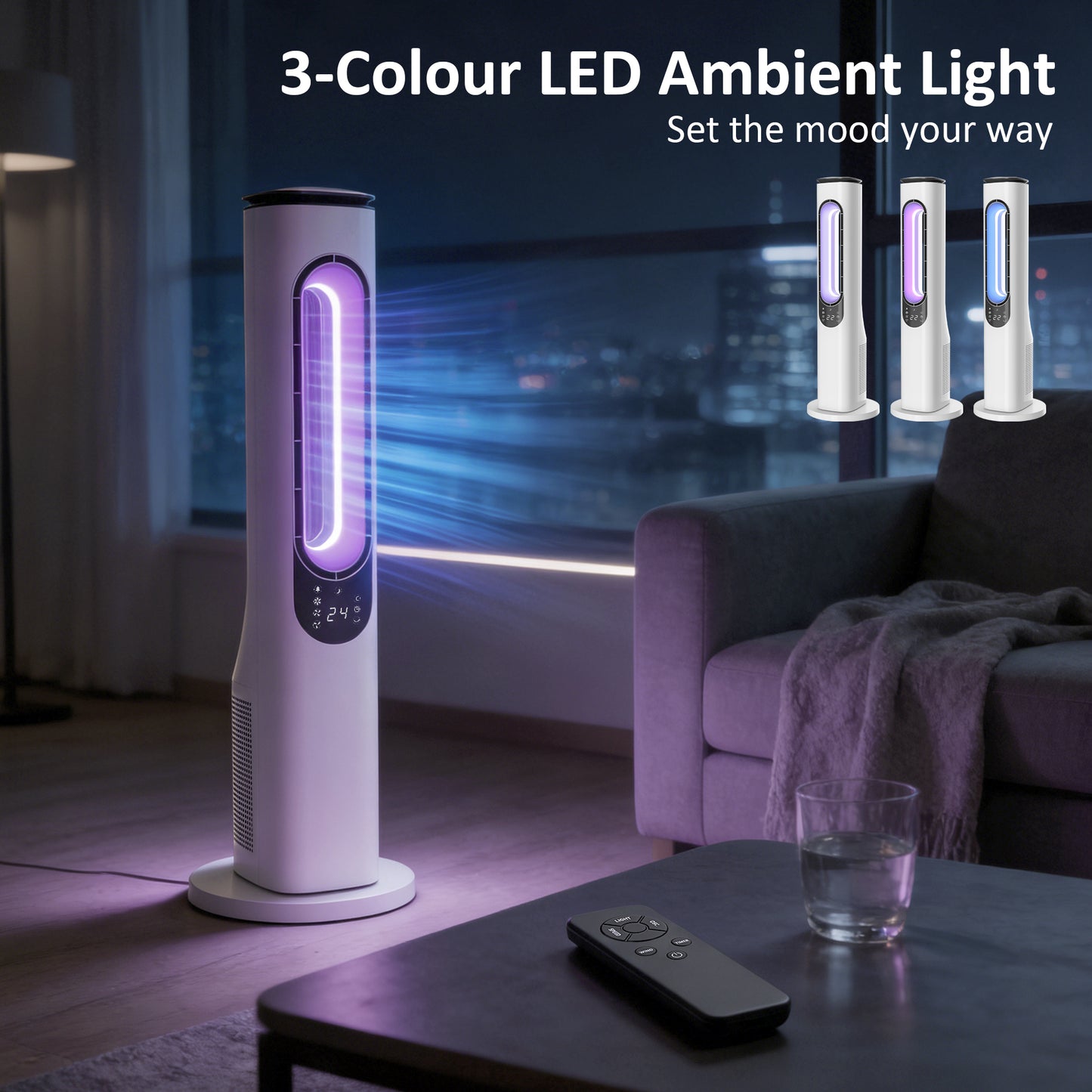 HOMCOM Bladeless Tower Fan for Bedroom, 35dB Standing Cooling Fan with 50° Oscillating, LED Lights, 3 Speeds, 15H Timer, White