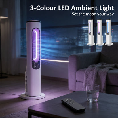 HOMCOM Bladeless Tower Fan for Bedroom, 35dB Standing Cooling Fan with 50° Oscillating, LED Lights, 3 Speeds, 15H Timer, White