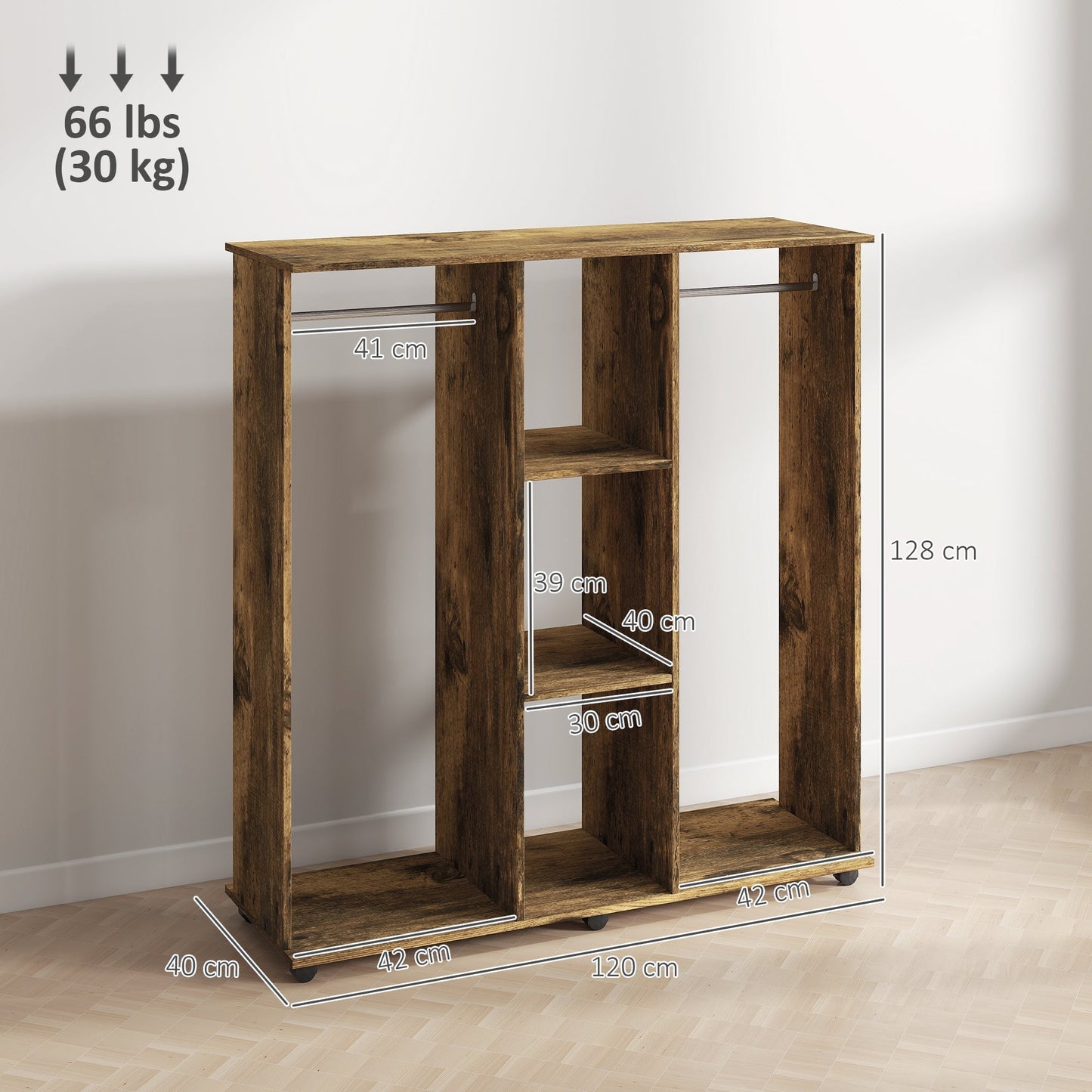 HOMCOM Open Wardrobe Double Mobile Storage Shelves Organizer W/6 Wheels-Rustic Brown