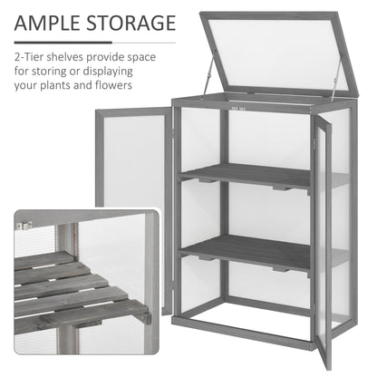 Outsunny 3-tier Cold Frame with Openable Top Cover and Double Doors, Garden Wooden Greenhouse with Storage Shelf, Polycarbonate Grow House for Plants, Flowers, Dark Grey
