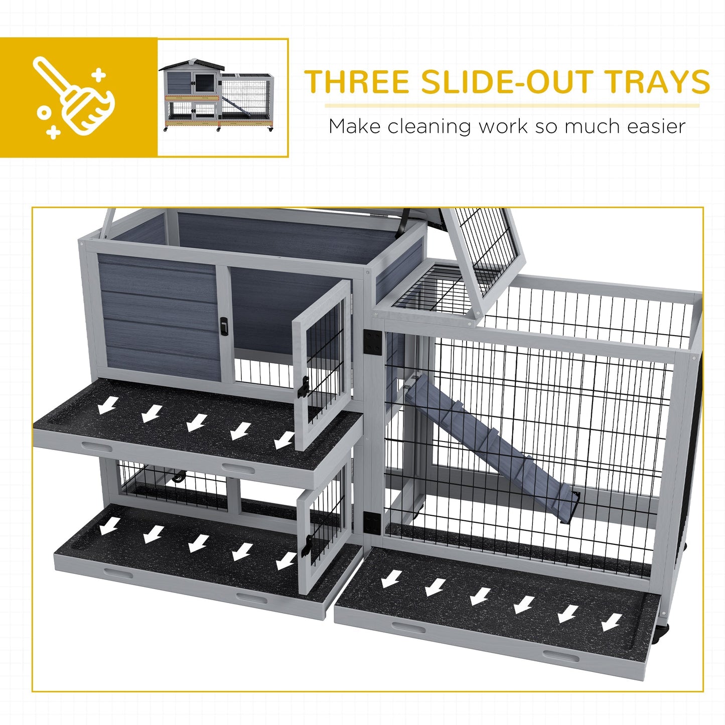 PawHut Portable Rabbit Cage, Rabbit Hutch with Run, Wheels, 3 Slide-out Trays, Ramp, Openable Top for Outdoor Indoor - Grey