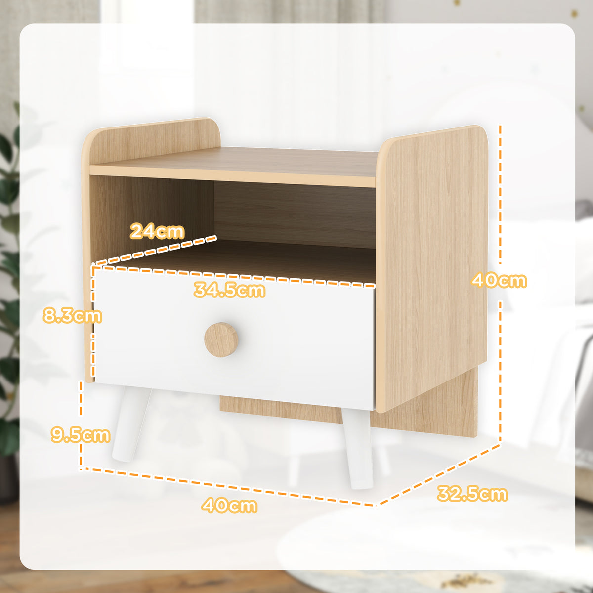 AIYAPLAY Kids Bedside Table in Natural Wood and White Drawer and Legs, image 3