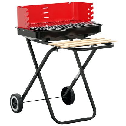 Outsunny Charcoal Trolley BBQ Barbecue Grill Patio Camping Picnic Garden Party Outdoor Cooking with Windshield and Wheels Side Trays, Black/Red
