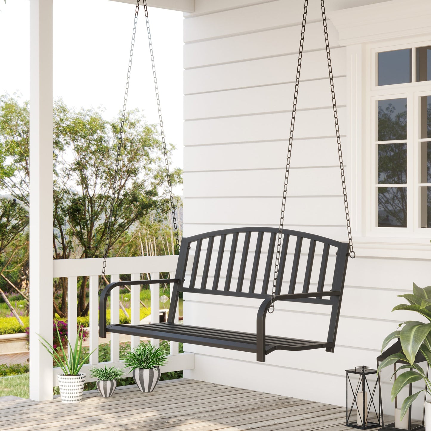 Outsunny Garden Swing Chair فناء معدني 2 مقاعد سوينغ مقعد شرفة شرفة مقعد Loveseat الحد الأدنى - أسود