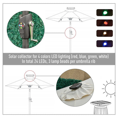 Outsunny 2,7 ​​m Parasol ogrodowy z 24 diodami LED, solarny, uchylny, na patio, klubowy, imprezowy, ręczny, z korbą i 8 żebrami, w kolorze złamanej bieli