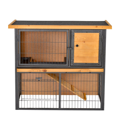 PawHut Wood / Metal Rabbit Hutch Elevated Pet House Bunny Cage with Slide-Out Tray Asphalt Openable Roof Lockable Door Outdoor