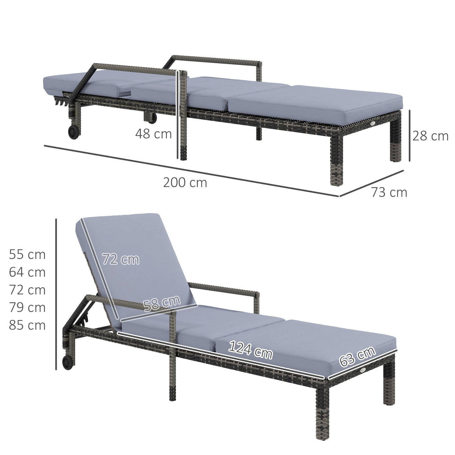 Zestaw 2 leżaków ogrodowych Outsunny Outdoor PE Rattan, leżak ogrodowy z wikliny z 5-stopniową regulacją oparcia i 2 kółkami, ciemnoszary