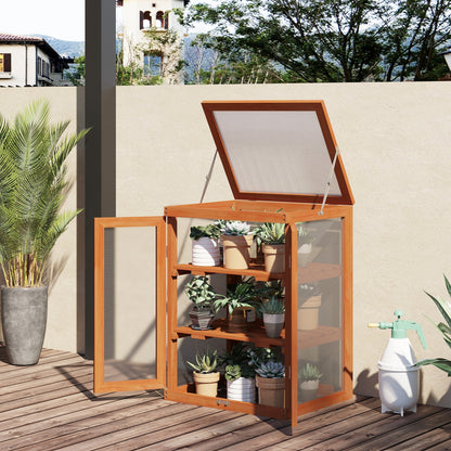 Outsunny 3-tier Wood Greenhouse Garden Polycarbonate Cold Frame Grow House w/ Storage Shelf for Plants, Flowers, Orange