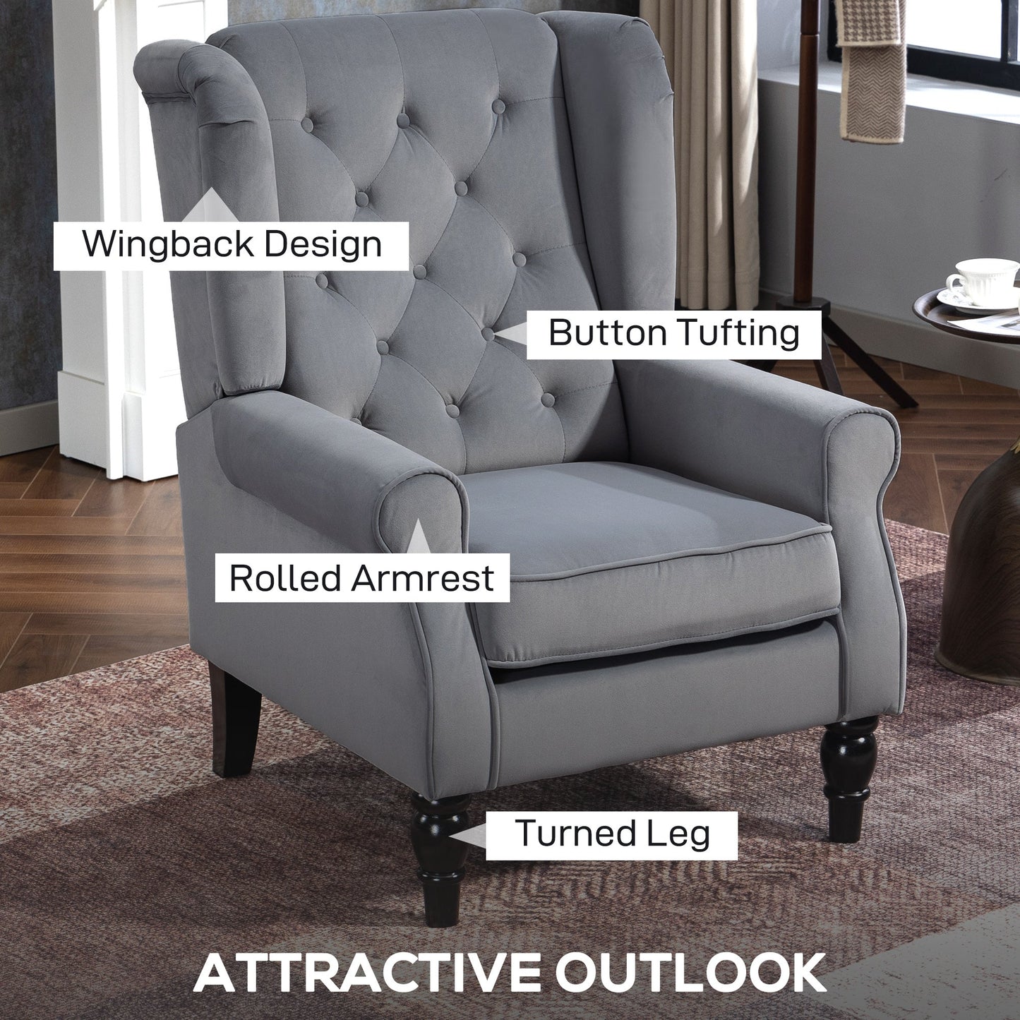 HOMCOM Wingback Accent Chair, Retro Upholstered Button Tufted Occasional Chair for Living Room and Bedroom, Light Grey