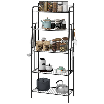 5-Tier Kitchen Storage Unit, Microwave Stand with 5 Mesh Open Shelves and 4 Hooks, Modern Coffee Bar Station with Steel Frame for Living Room, Black