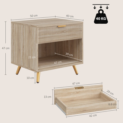 HOMCOM Bedside Table with Drawer and Open Compartment, Nightstand with Handle for Bedroom, Living Room, Natural Wood Finish