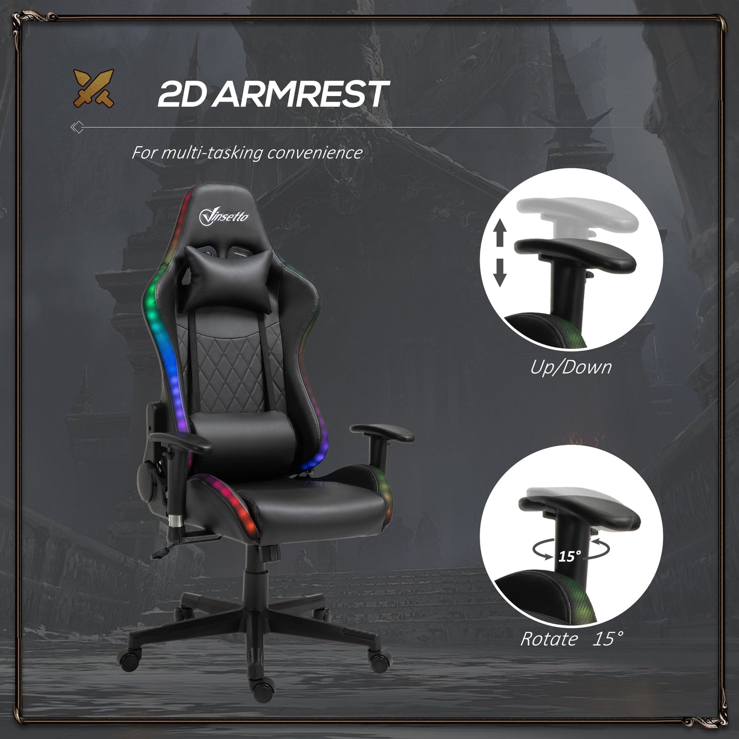 Vinsetto Gaming Chair with RGB LED Light, 2D Arm, Lumbar Support, Height Adjustable Swivel Office Computer Recliner, Racing Gamer Desk Chair for Home, Black