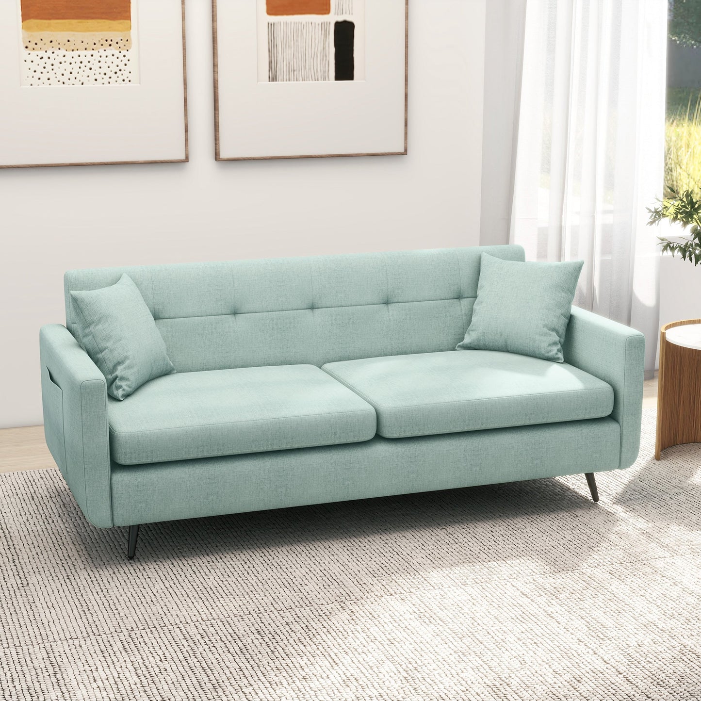 HOMCOM 165cm 2 Seater Sofa for Living Room, Modern Fabric Couch, Tufted Loveseat Sofa Settee with Steel Legs and 2 Storage Pockets for Bedroom and Home Office, Blue